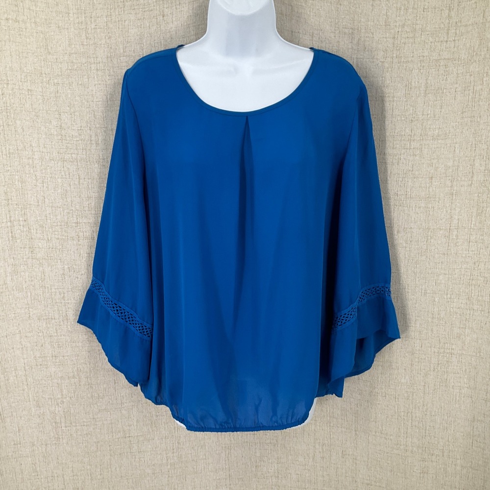 Zac & Rachel Blouse Women Size L Blue Crochet Lace Bell Sleeve Pleated Boho Top